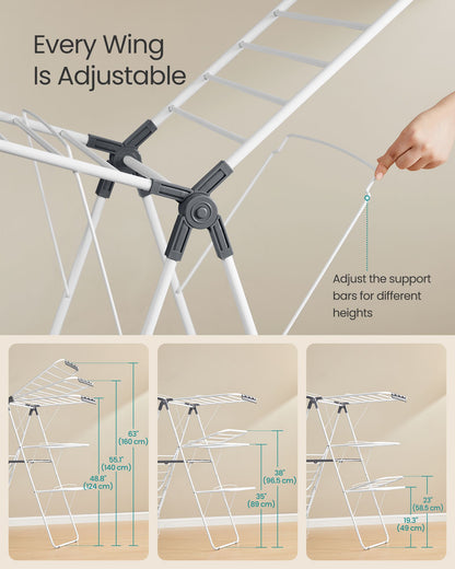 Clothes Drying Rack, Foldable 3-Level Laundry Rack, White and Gray