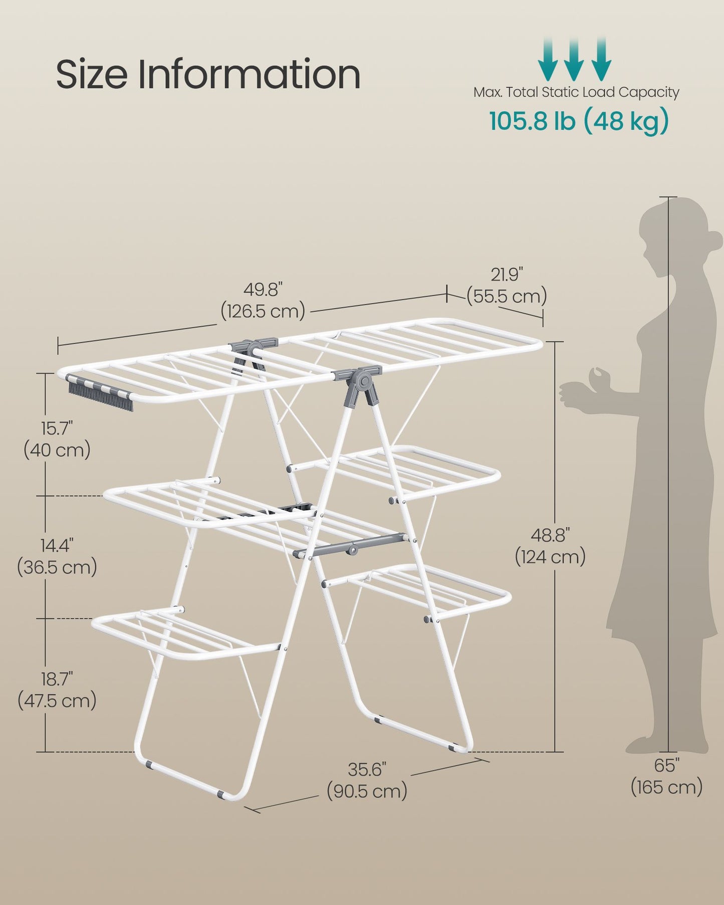 Clothes Drying Rack, Foldable 3-Level Laundry Rack, White and Gray