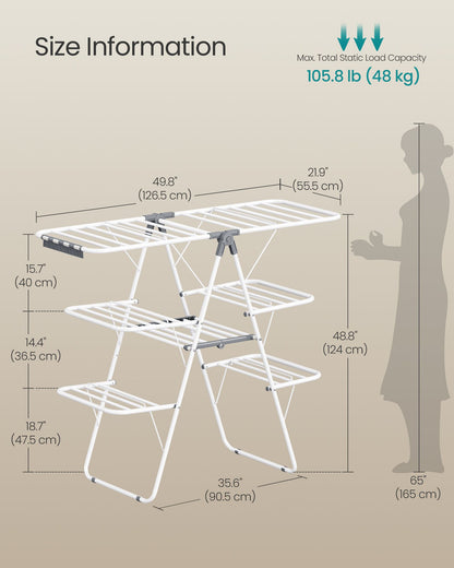 Clothes Drying Rack, Foldable 3-Level Laundry Rack, White and Gray