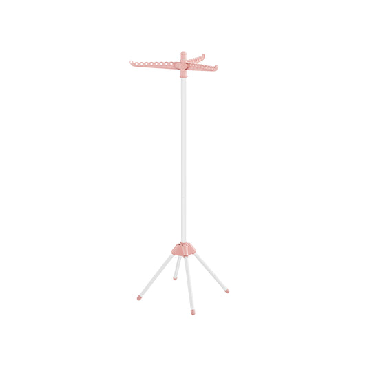 Pink and white folding clothes drying rack