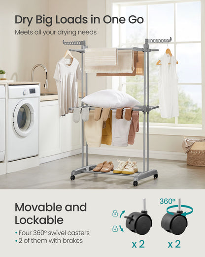 Clothes Drying Rack 3-Tier, Foldable Laundry Drying Rack 148 cm Tall, Stainless Steel, Rolling Laundry Horses