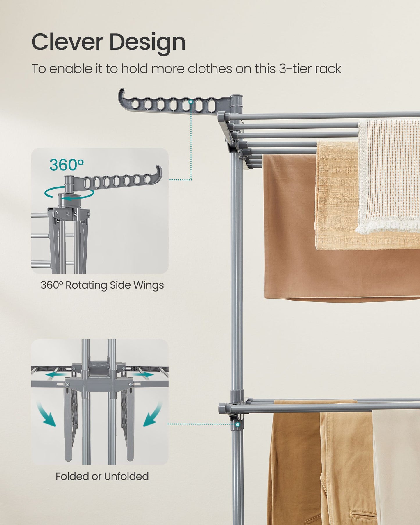 Clothes Drying Rack 3-Tier, Foldable Laundry Drying Rack 148 cm Tall, Stainless Steel, Rolling Laundry Horses