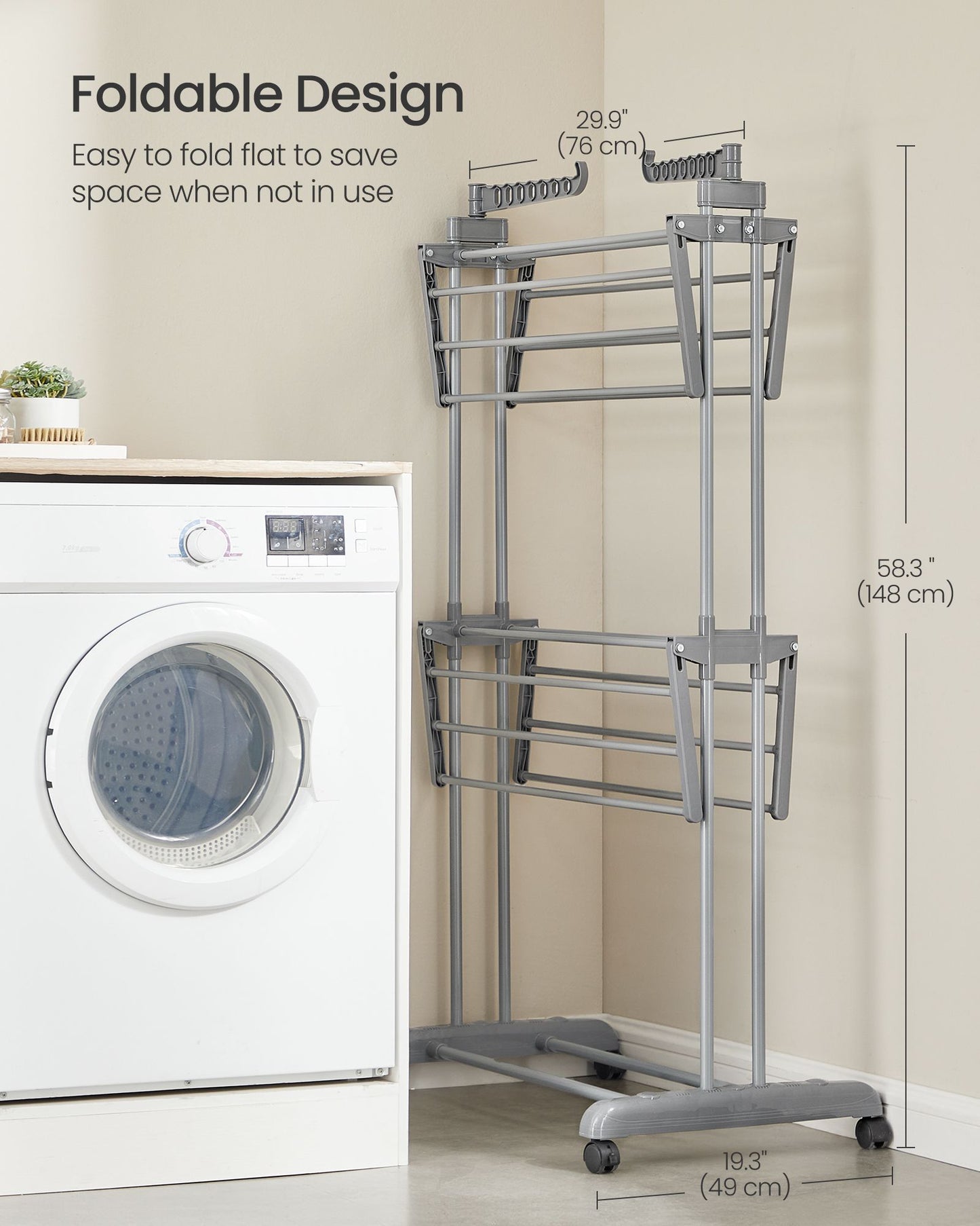 Clothes Drying Rack 3-Tier, Foldable Laundry Drying Rack 148 cm Tall, Stainless Steel, Rolling Laundry Horses