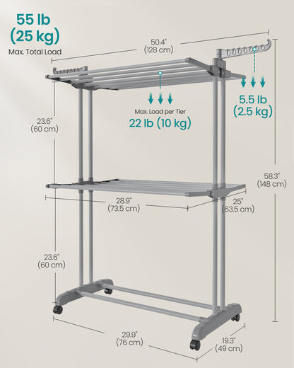 Clothes Drying Rack 3-Tier, Foldable Laundry Drying Rack 148 cm Tall, Stainless Steel, Rolling Laundry Horses