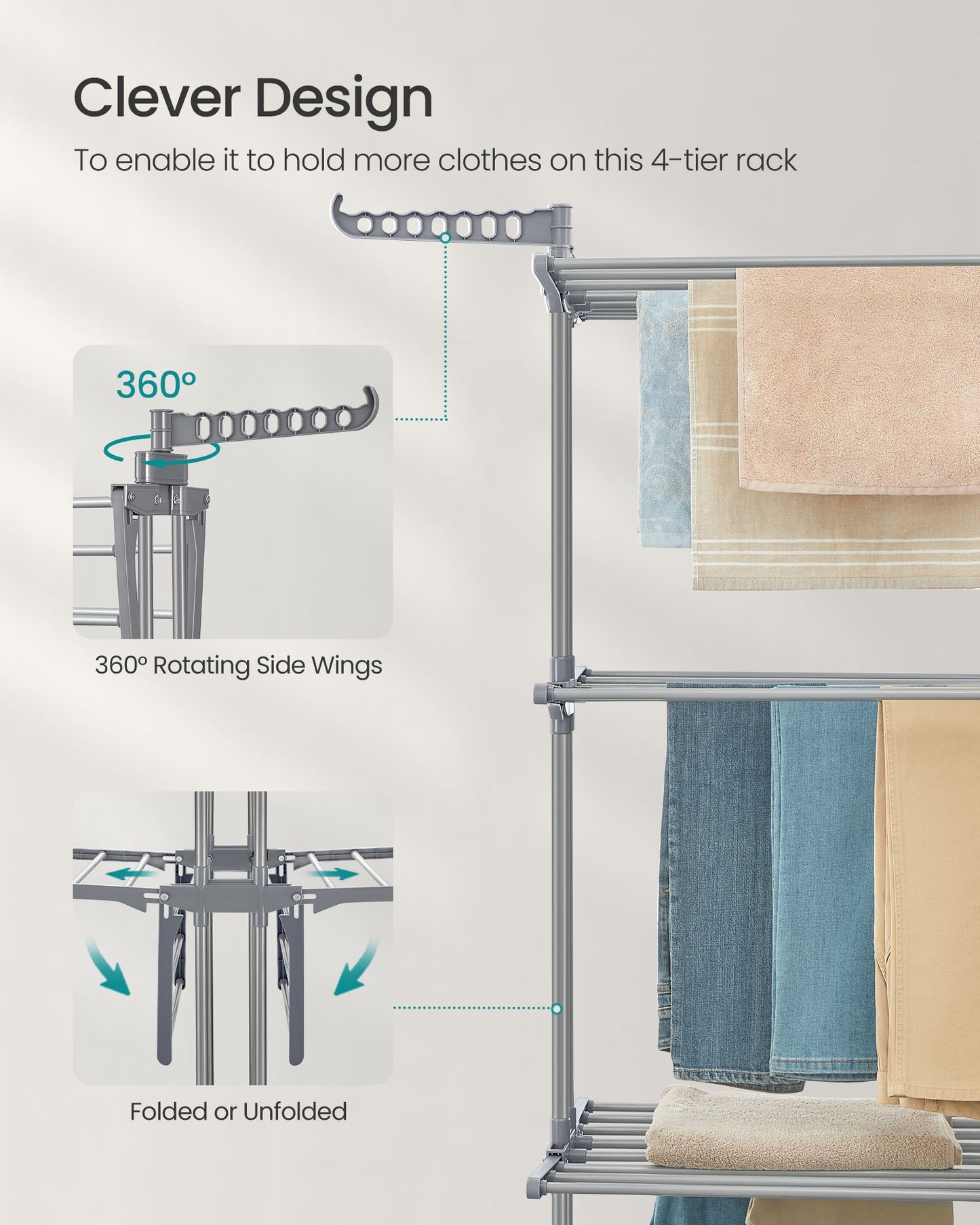 Clothes Drying Rack 4-Tier, Foldable Laundry Drying Rack 173 cm Tall