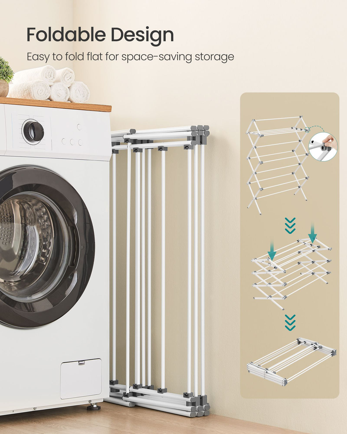 Foldable Clothes Drying Rack, Laundry Drying Rack, Clothes Airer, Steel Frame, Pearl White