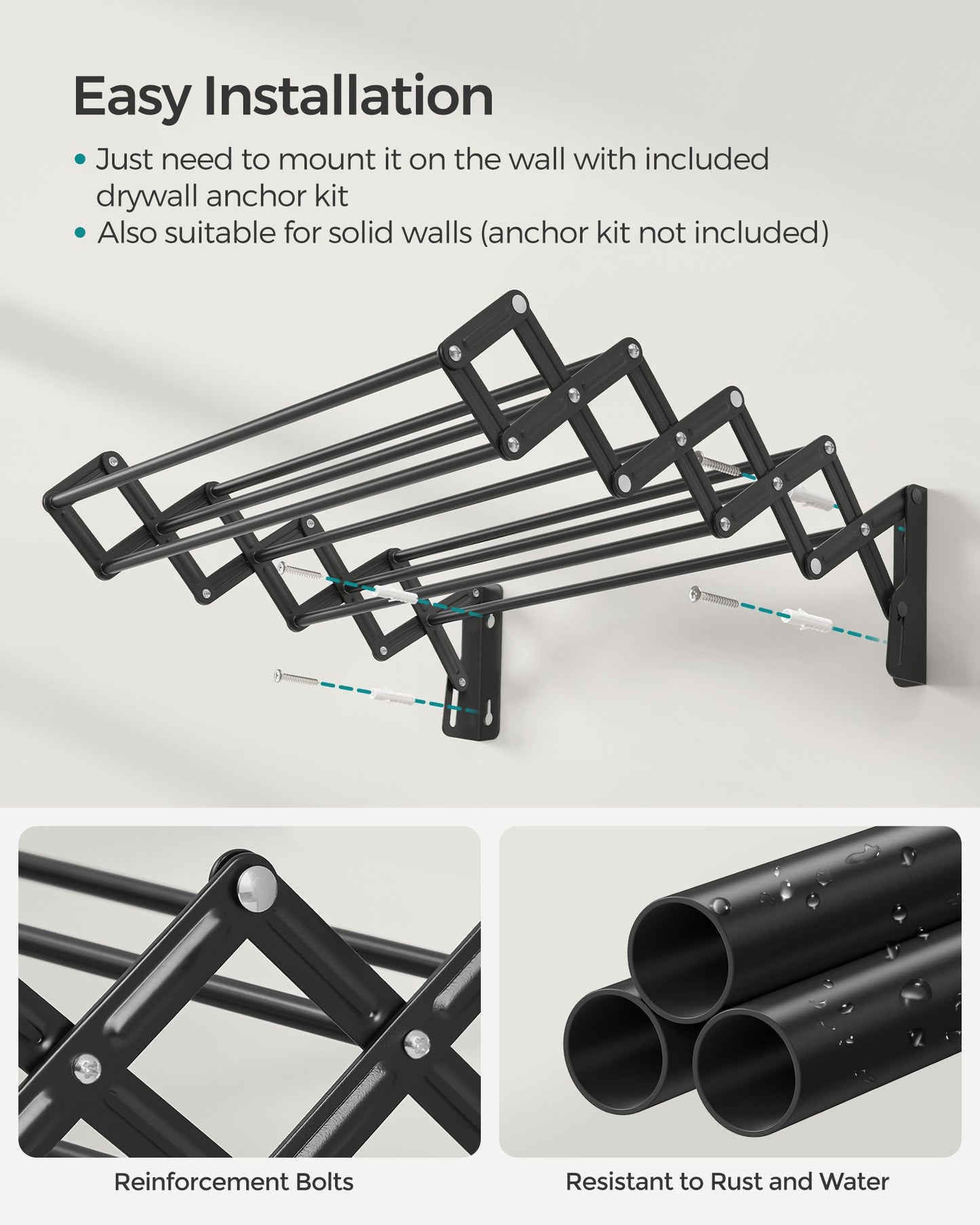 Wall-Mounted Expandable Steel Clothes Drying Rack with 9 Hanging Rods