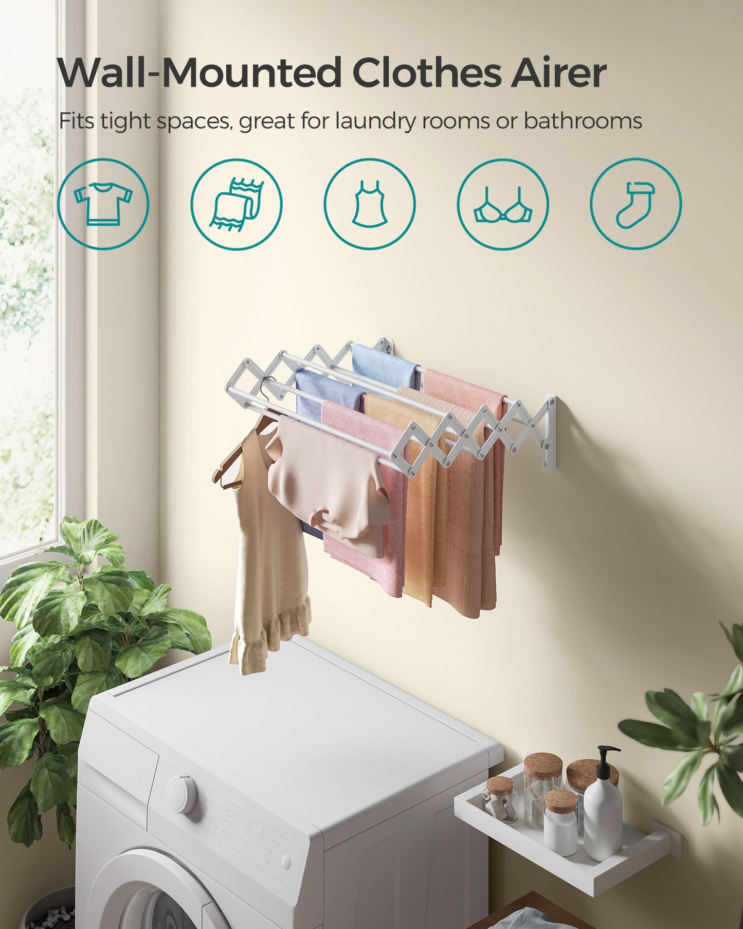 Wall-Mounted Expandable Steel Clothes Drying Rack with 9 Rods