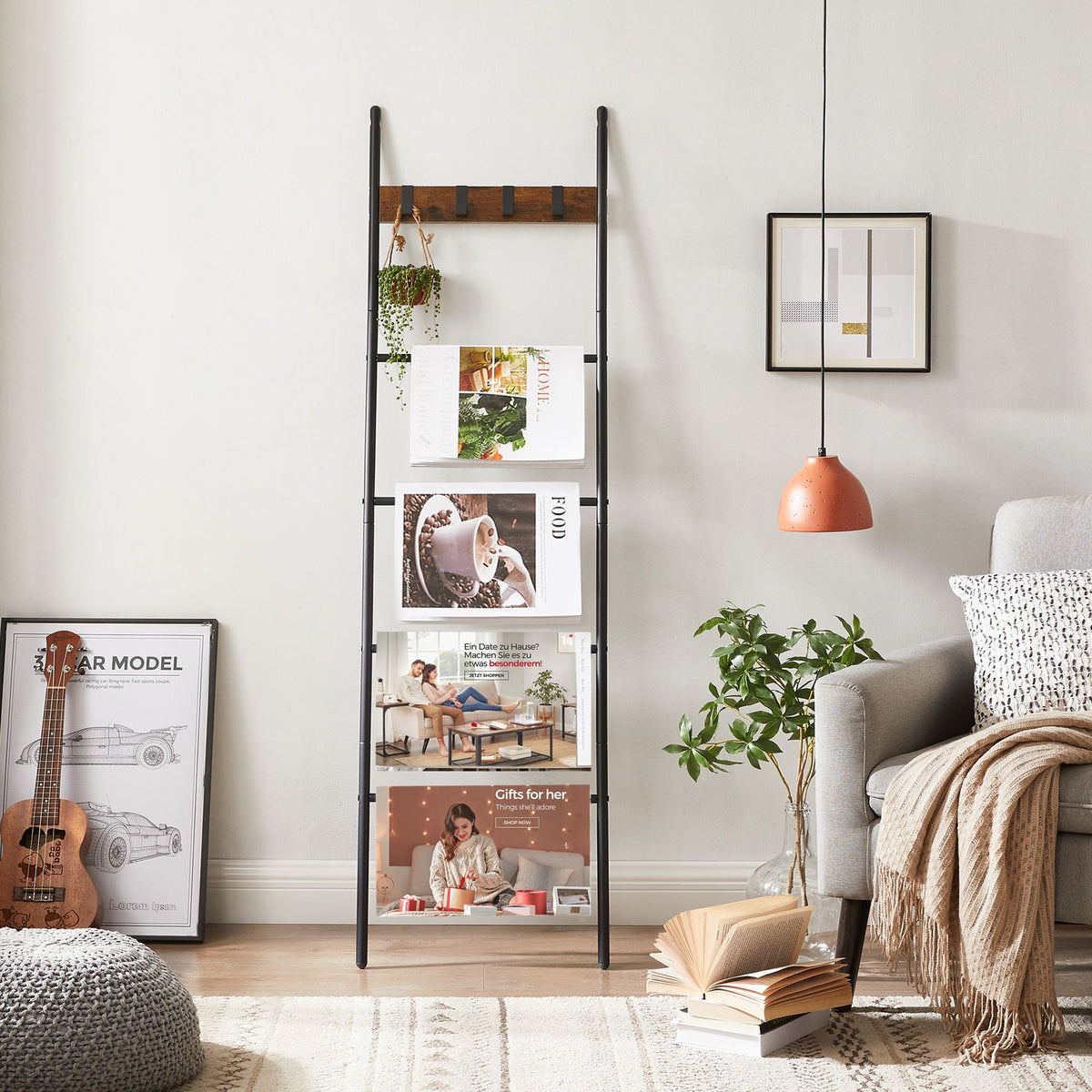 Blanket Ladder, 5-Tier Ladder Shelf, 17.3 x 63 Inches