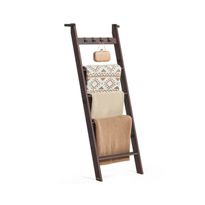Blanket Ladder 5-Tier Ladder Shelf 4 Removable Hooks Maroon Brown