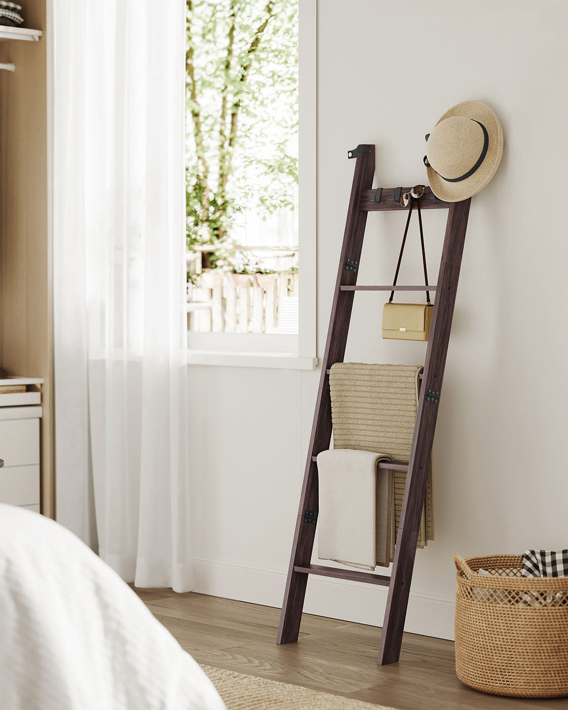 Blanket Ladder 5-Tier Ladder Shelf 4 Removable Hooks Maroon Brown