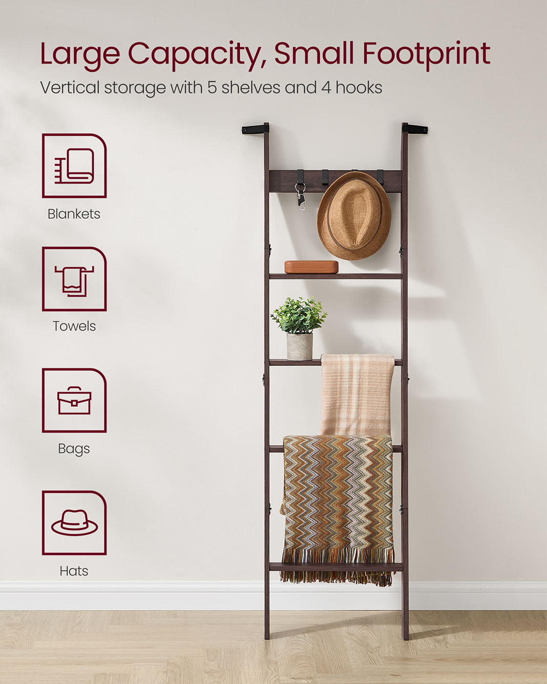Blanket Ladder 5-Tier Ladder Shelf 4 Removable Hooks Maroon Brown