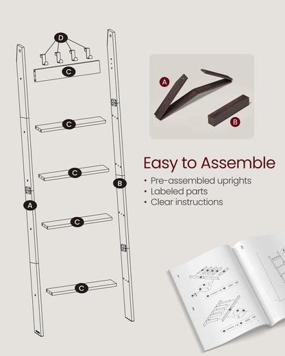 Blanket Ladder 5-Tier Ladder Shelf 4 Removable Hooks Maroon Brown