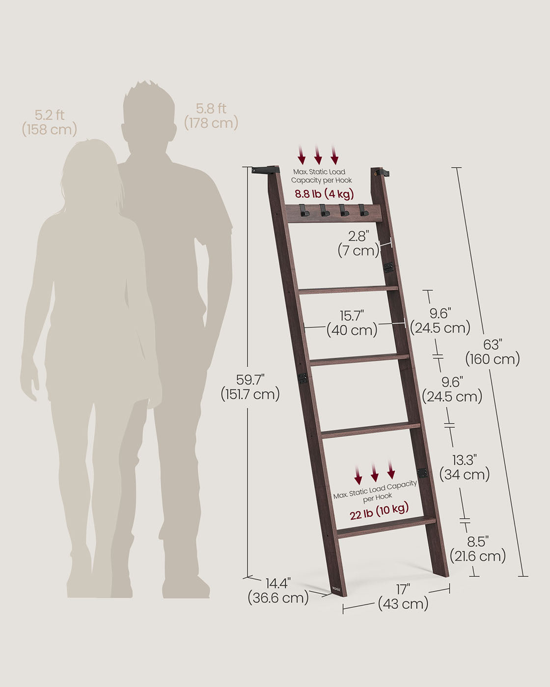 Blanket Ladder 5-Tier Ladder Shelf 4 Removable Hooks Maroon Brown