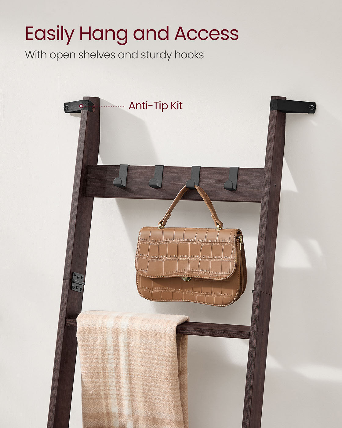 Blanket Ladder 5-Tier Ladder Shelf 4 Removable Hooks Maroon Brown