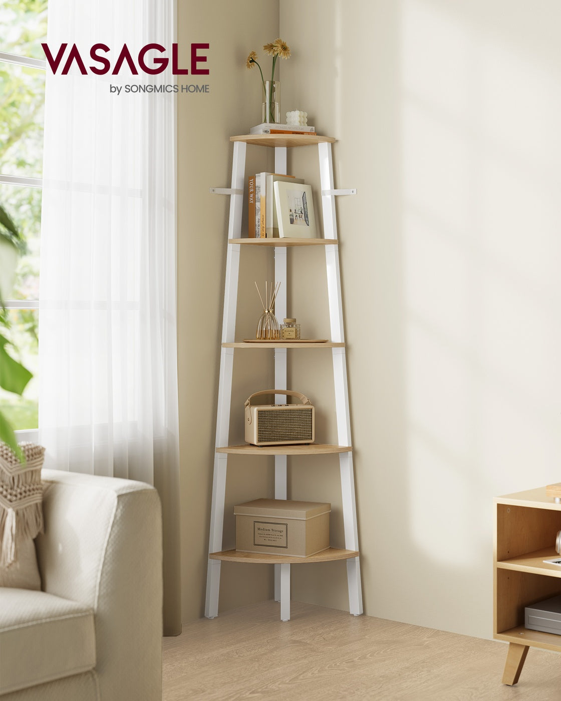 5-Tier Corner Shelf Unit Natural Oak and Matte White - image 2