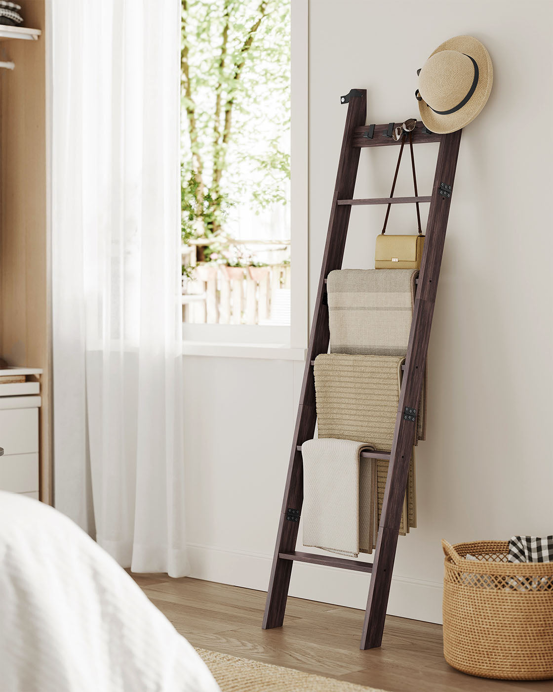 Blanket Ladder 6-Tier Ladder Shelf 4 Removable Hooks Maroon Brown