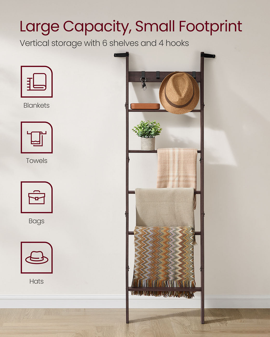 Blanket Ladder 6-Tier Ladder Shelf 4 Removable Hooks Maroon Brown