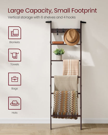 Blanket Ladder 6-Tier Ladder Shelf 4 Removable Hooks Maroon Brown