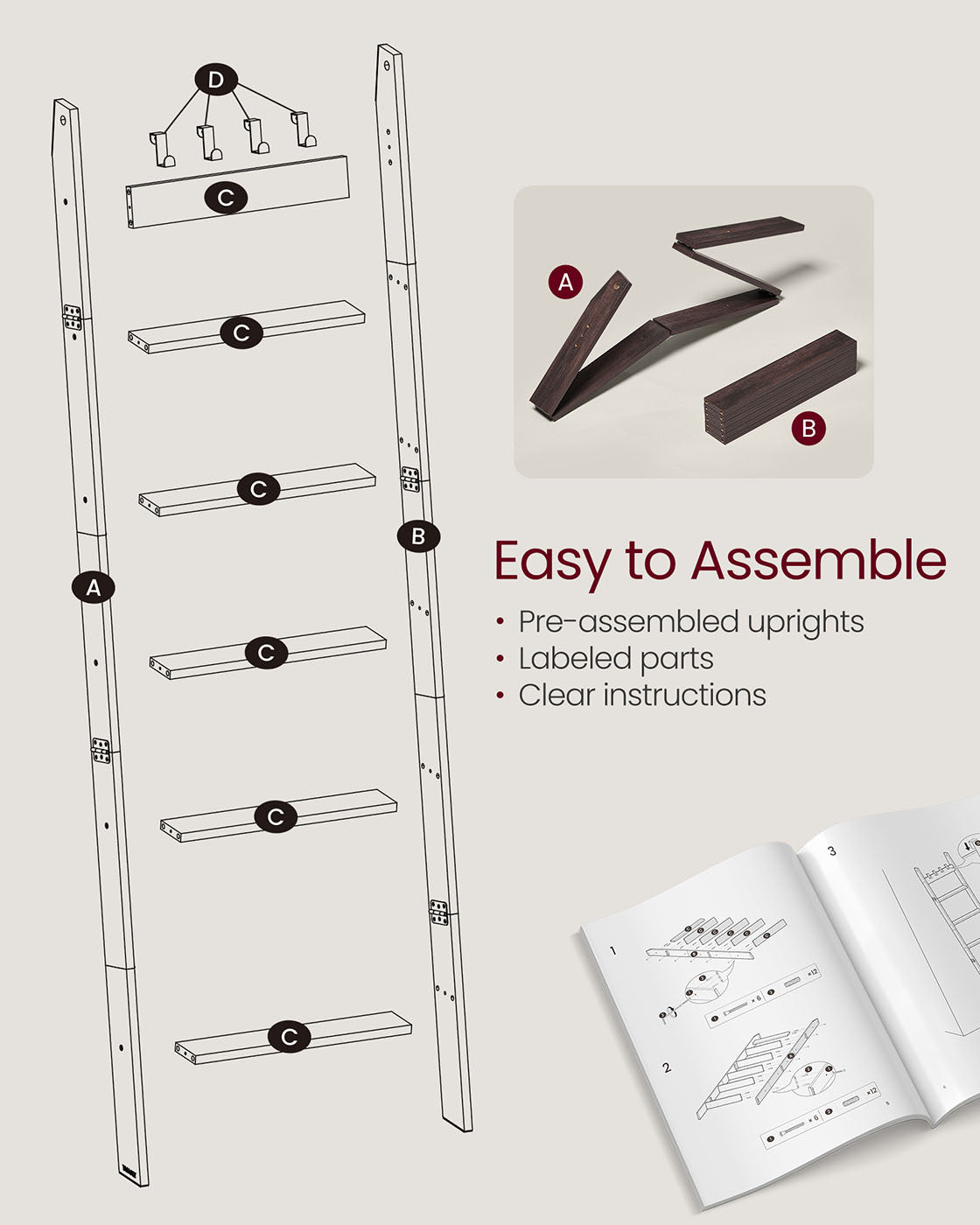 Blanket Ladder 6-Tier Ladder Shelf 4 Removable Hooks Maroon Brown