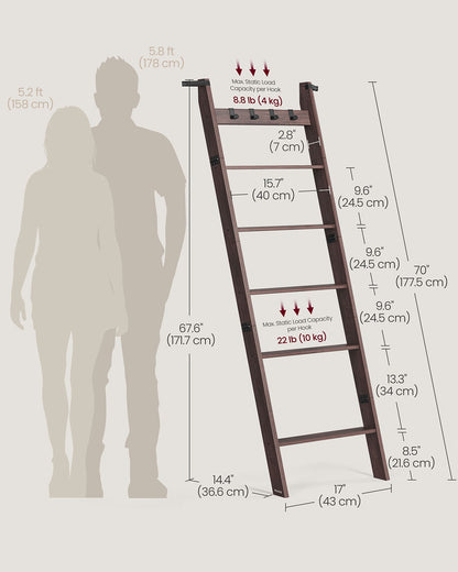 Blanket Ladder 6-Tier Ladder Shelf 4 Removable Hooks Maroon Brown