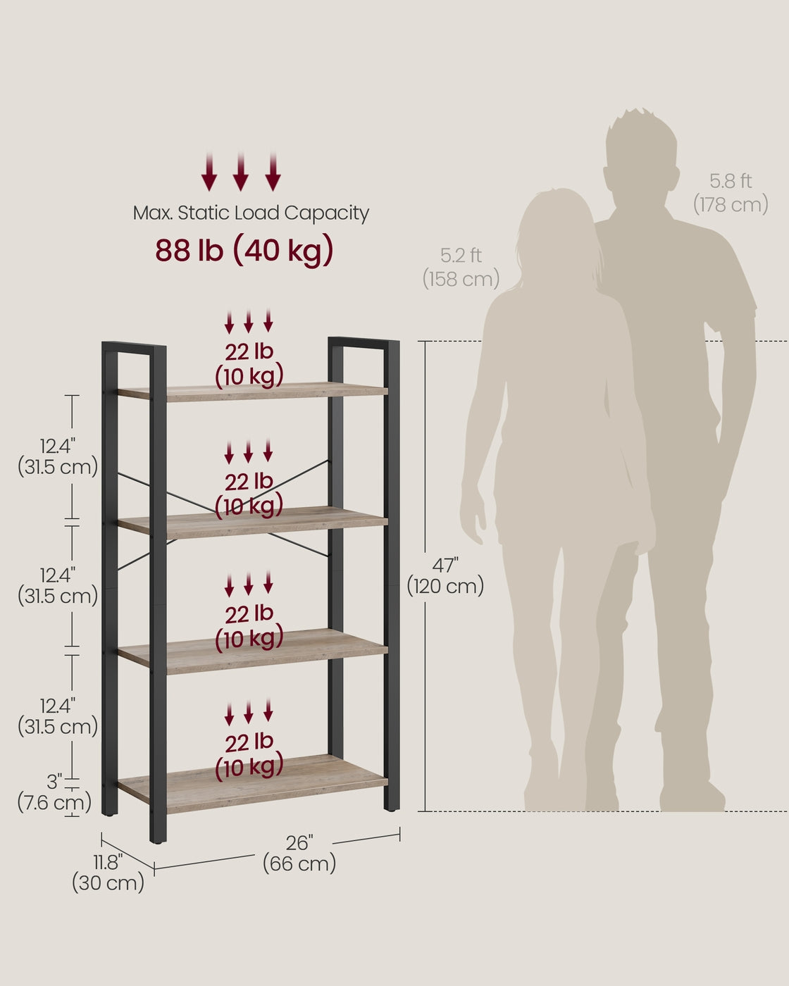 Bookshelf, 4-Tier Bookcase, Living Room Standing Unit Shelf
