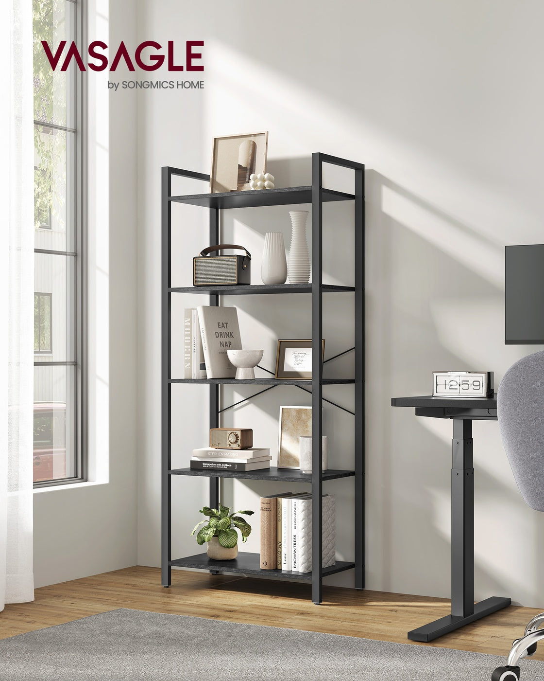 5-Tier Standing Bookshelf Ebony Black and Ink Black - image 3