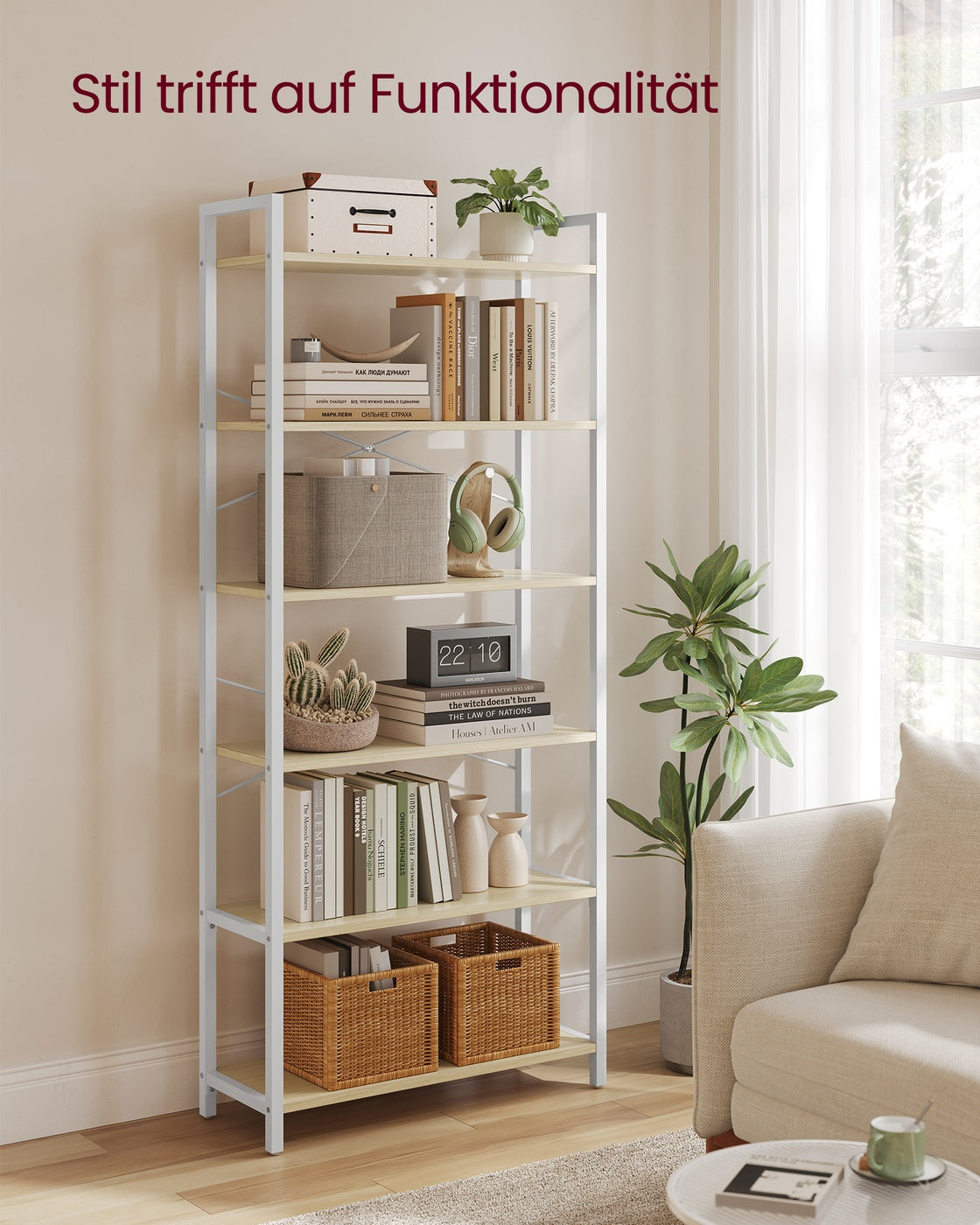 6-Tier Bookshelf, Industrial Bookcase, Beige and White