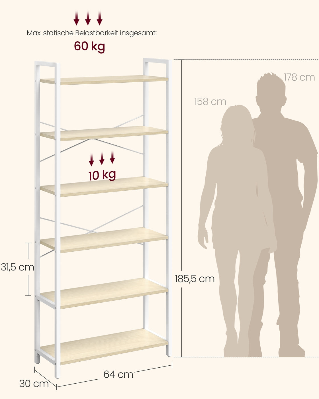 6-Tier Bookshelf, Industrial Bookcase, Beige and White