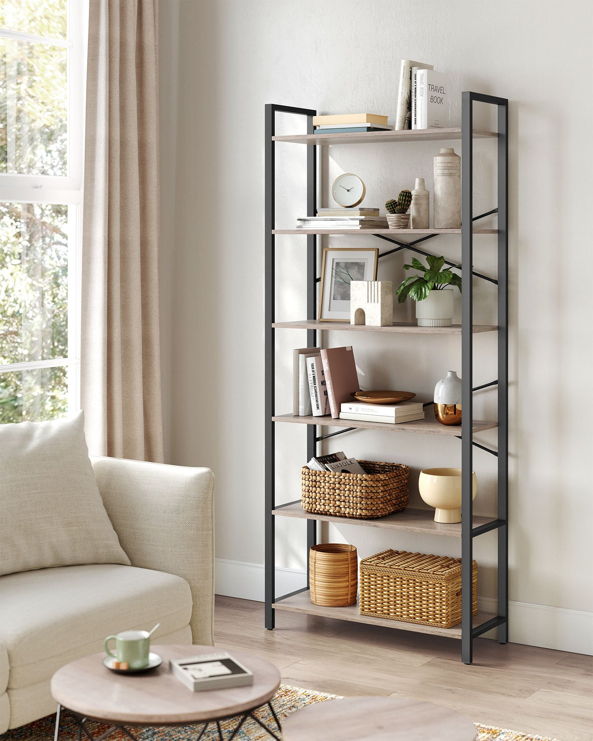6-Tier Tall Bookshelf with Steel Frame - HWLEXTRA 