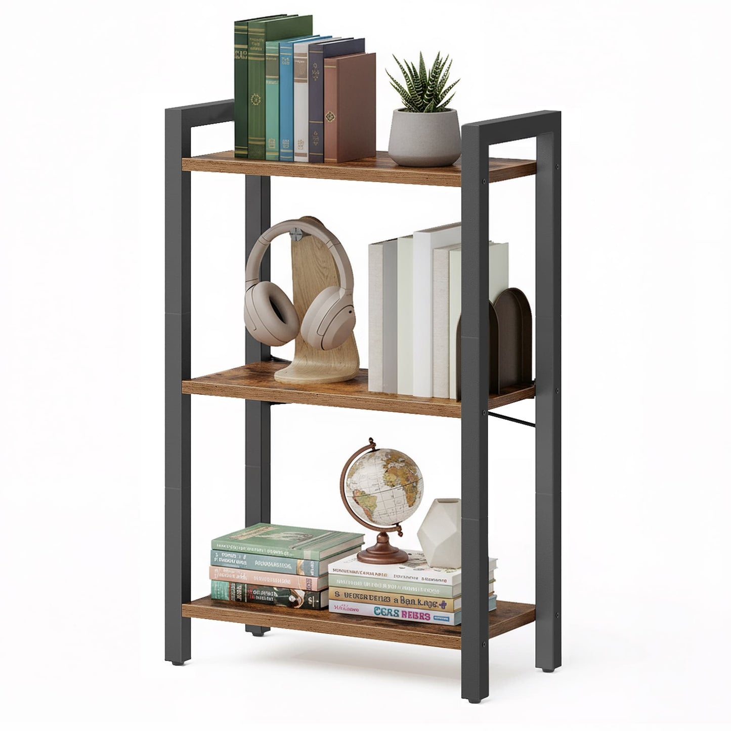 3-Tier Tall Bookshelf with Steel Frame
