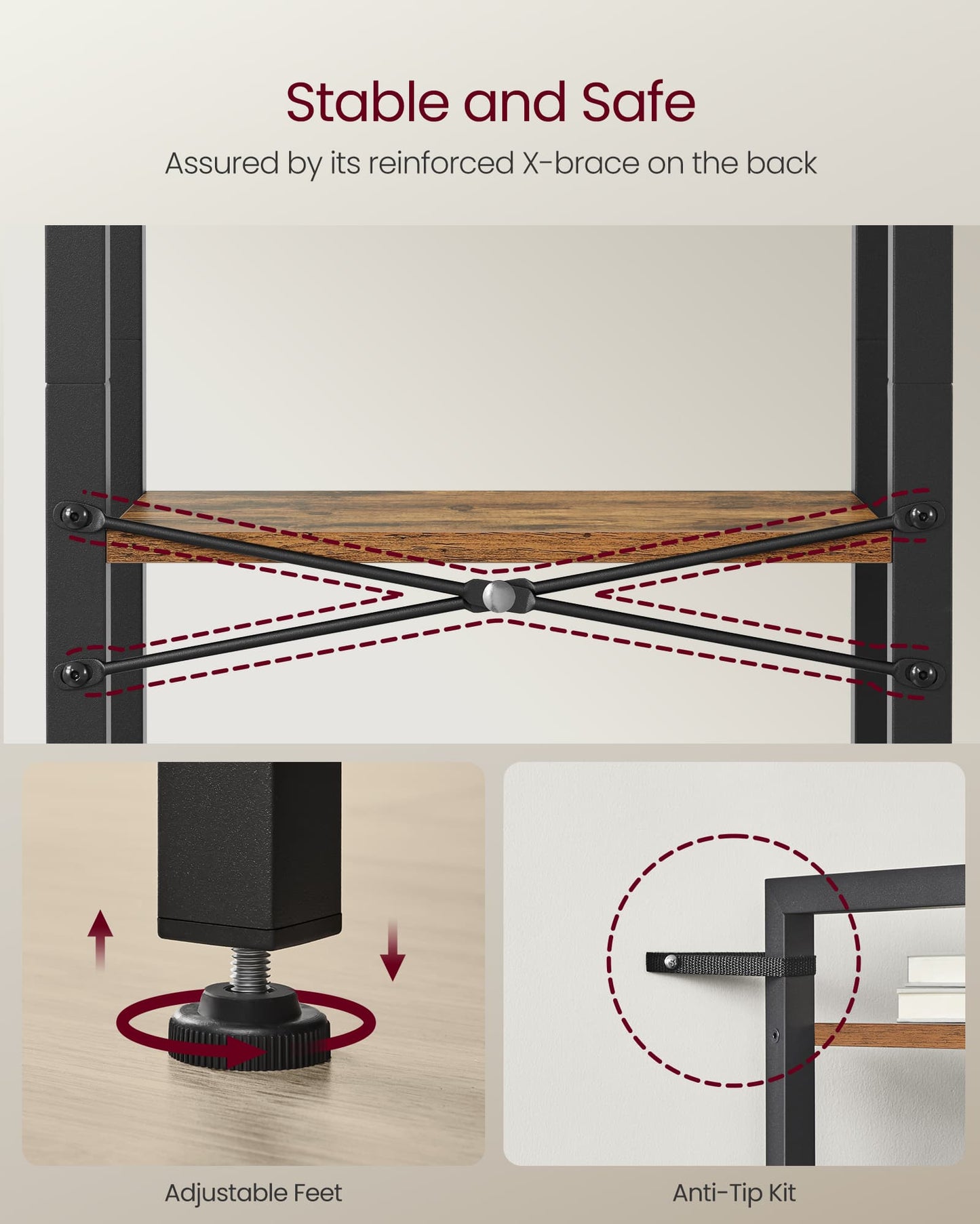 3-Tier Tall Bookshelf with Steel Frame