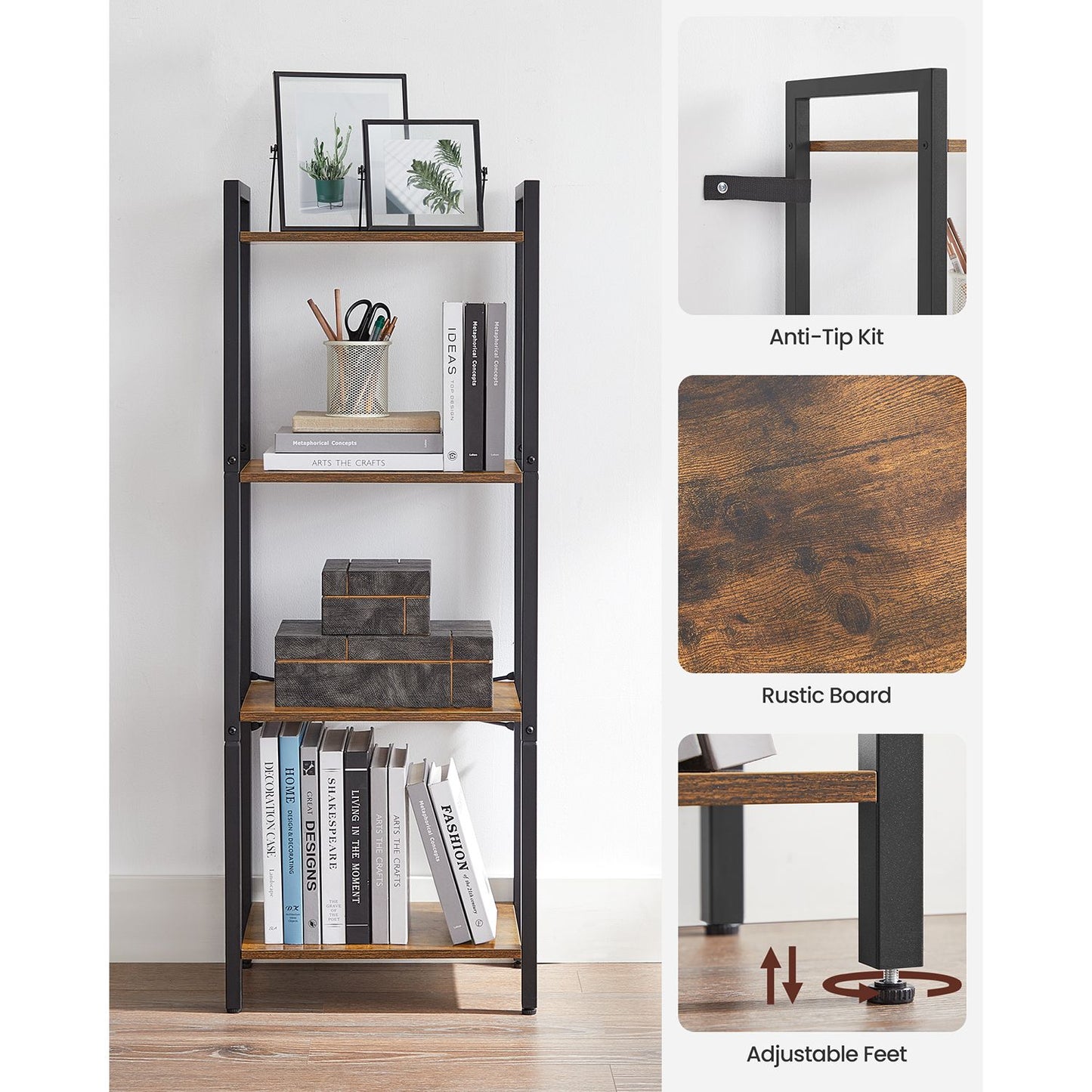 4-Tier Tall Bookshelf with Steel Frame - HWLEXTRA 