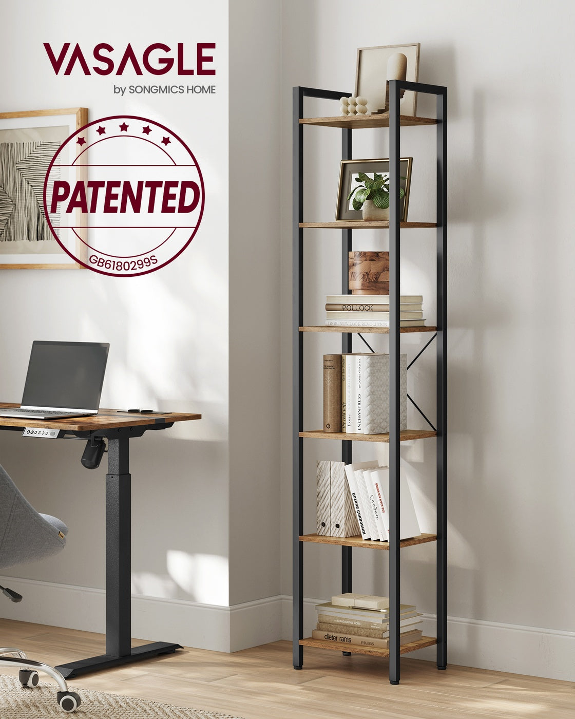 6-Tier Bookshelf, 30 x 40 x 187.5 cm, Rustic Brown and Ink Black - image 22