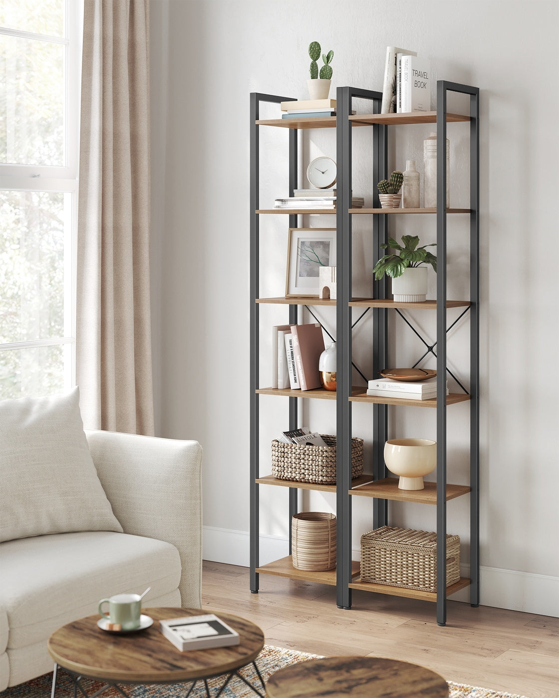 6-Tier Bookshelf, 30 x 40 x 187.5 cm, Rustic Brown and Ink Black - image 23