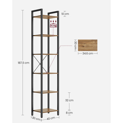 6-Tier Bookshelf, 30 x 40 x 187.5 cm, Rustic Brown and Ink Black - image 27