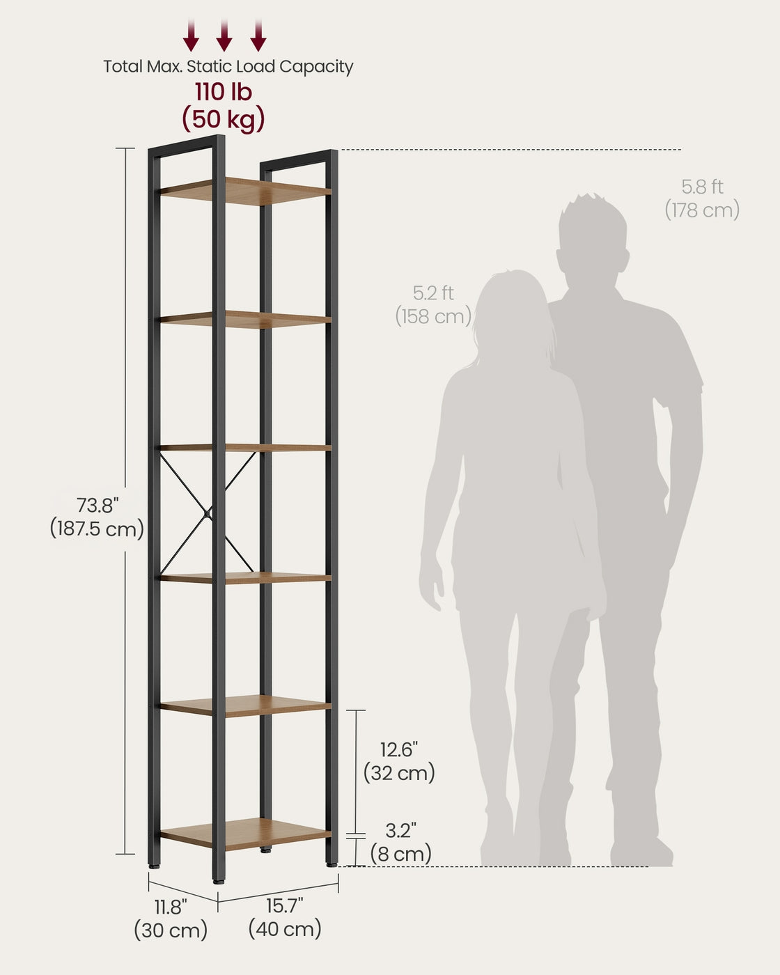 6-Tier Bookshelf, 30 x 40 x 187.5 cm, Rustic Brown and Ink Black - image 28