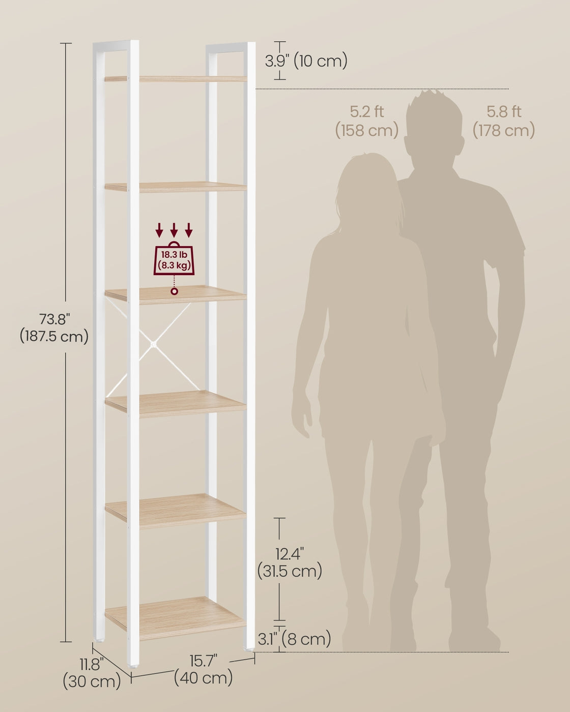 6-Tier Bookshelf, 30 x 40 x 187.5 cm, Rustic Brown and Ink Black - image 47