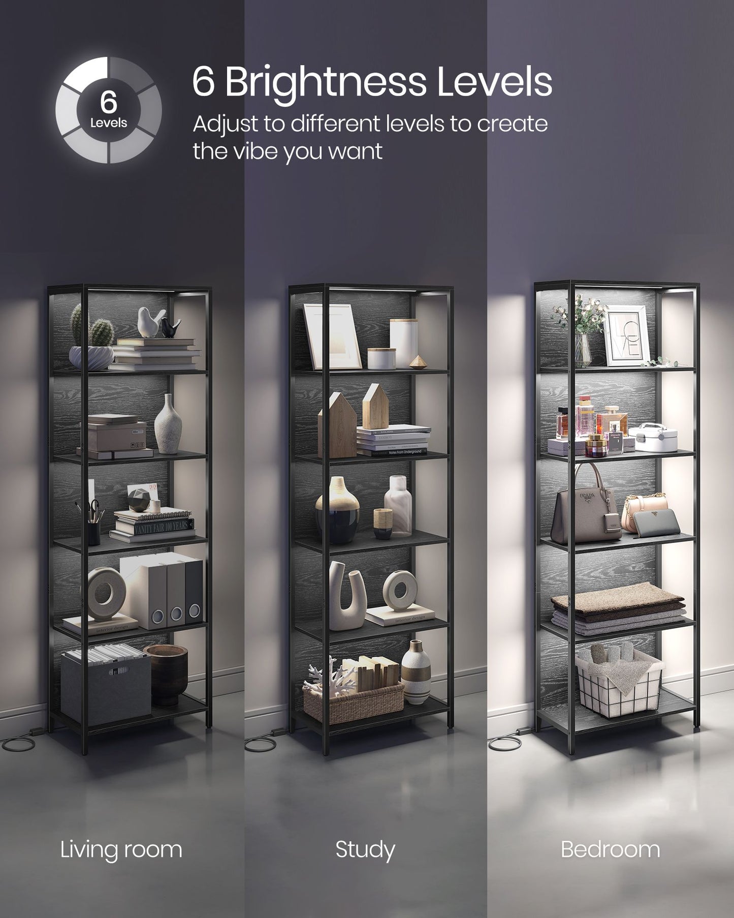 6-Tier LED Bookshelf with Dimmable Lights