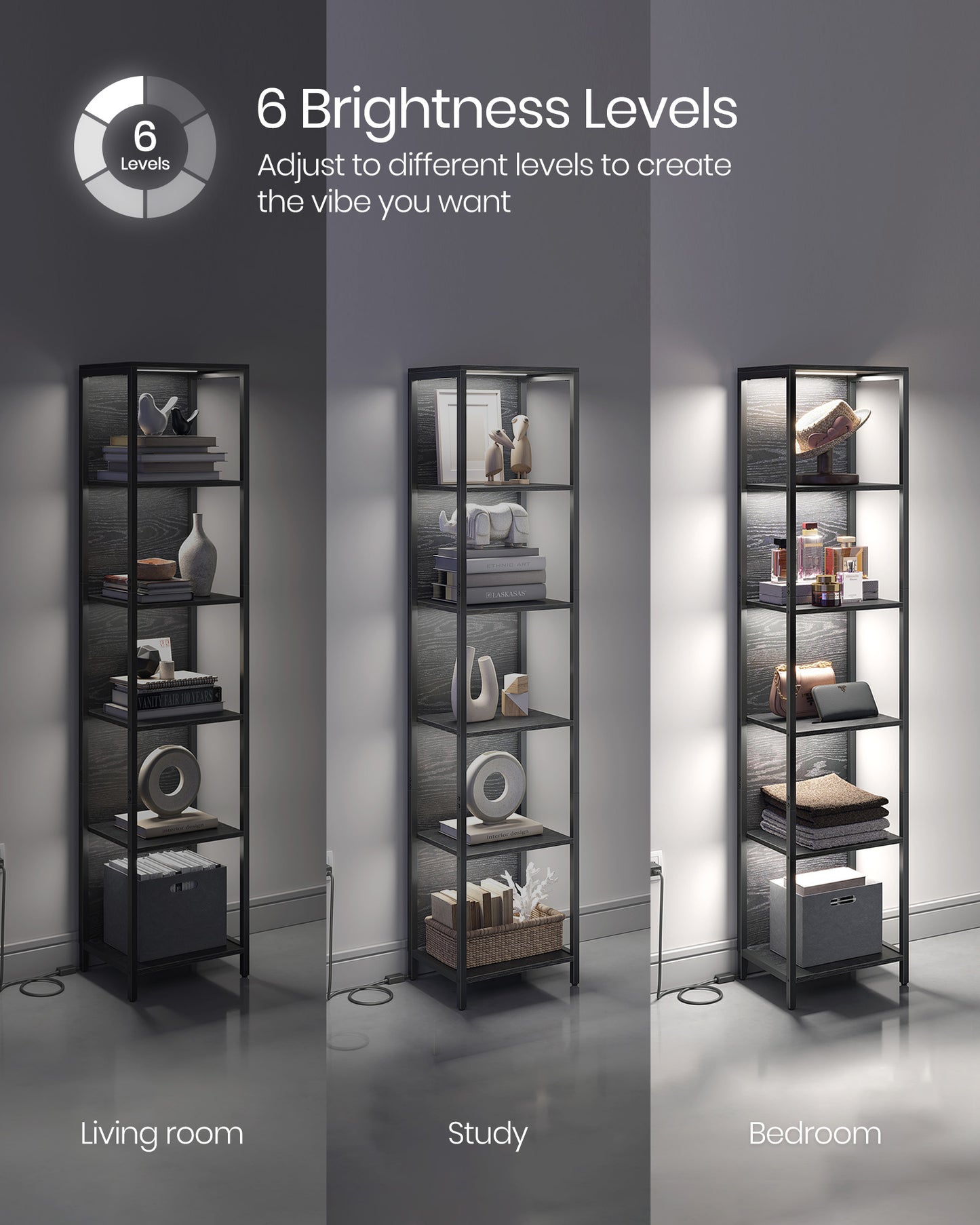 6-Tier LED Bookshelf with Dimmable Lights - HWLEXTRA 