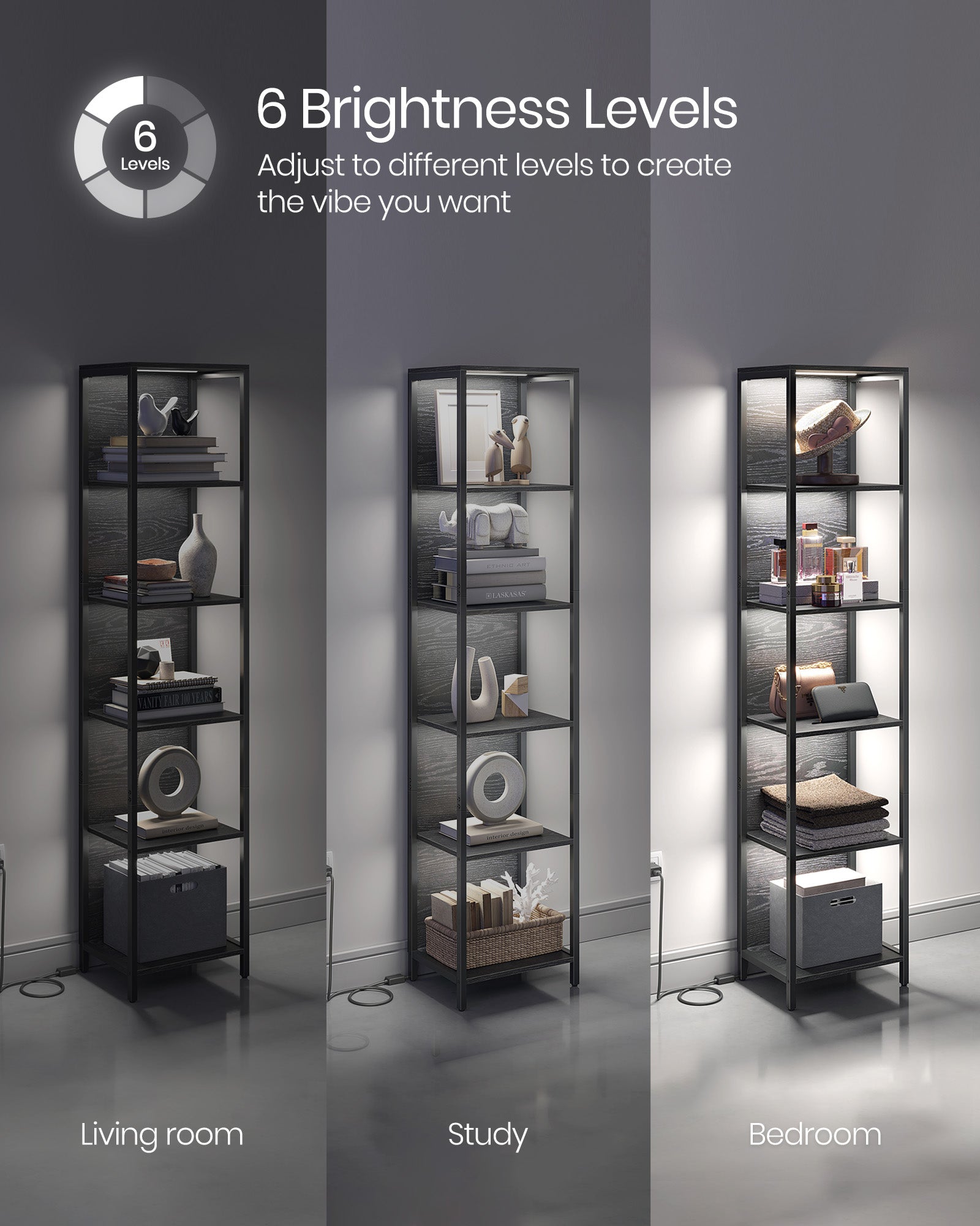 6-Tier LED Bookshelf with Dimmable Lights - HWLEXTRA 