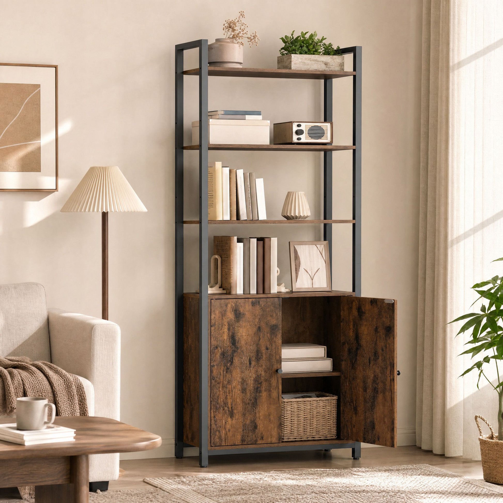 Tall Bookshelf with Door, 6-Tier Bookcase, Metal Frame - image 15