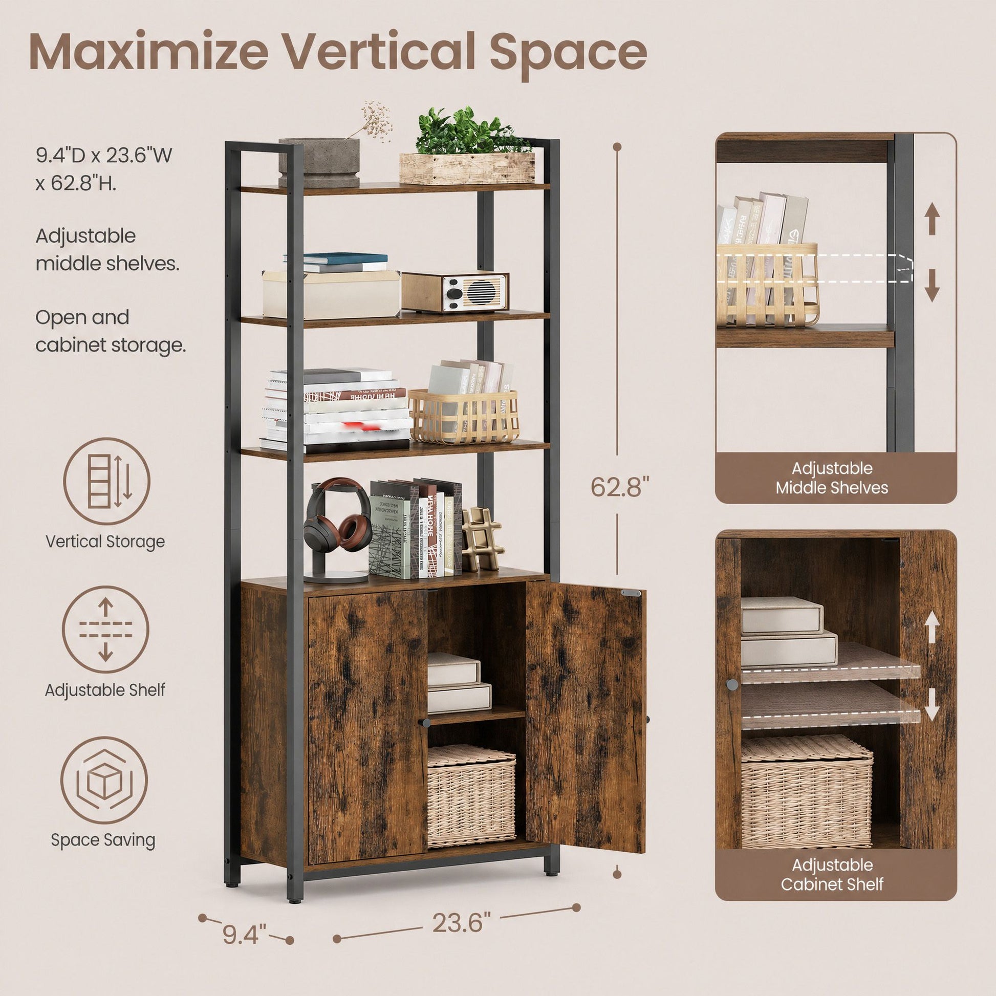 Tall Bookshelf with Door, 6-Tier Bookcase, Metal Frame - image 18