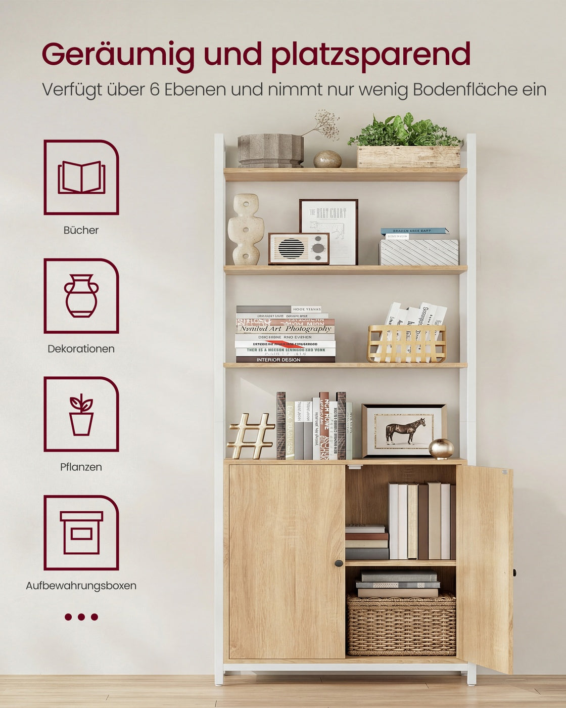 6-Tier Bookshelf with Door, 24 x 60 x 159.5 cm, Oak and White