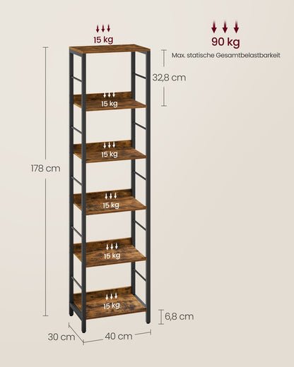 6-Tier Bookcase 30 x 40 x 178 cm Rustic Brown and Ink Black