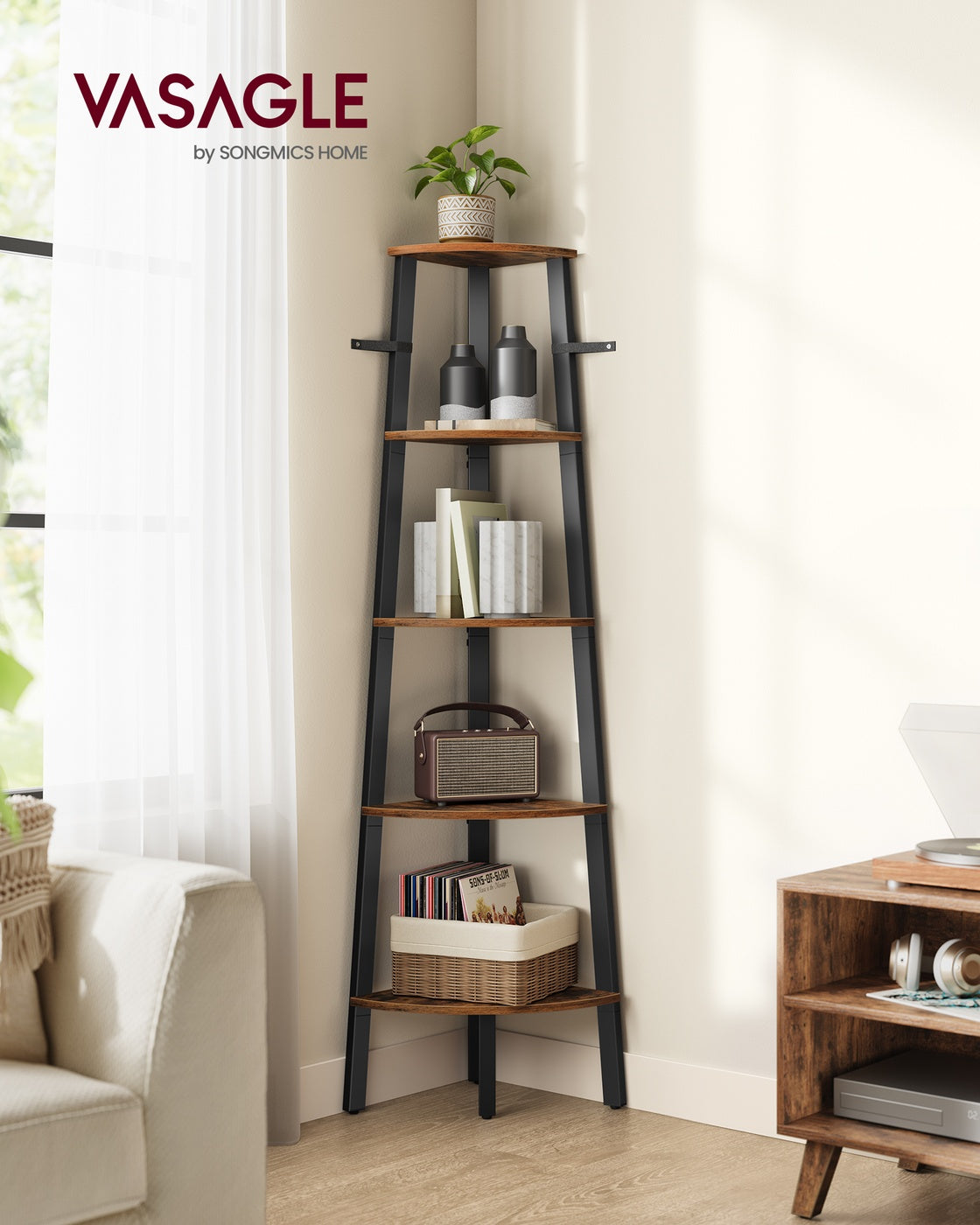 Corner Shelf Stand, 5-Tier, Brown and Black - image 2