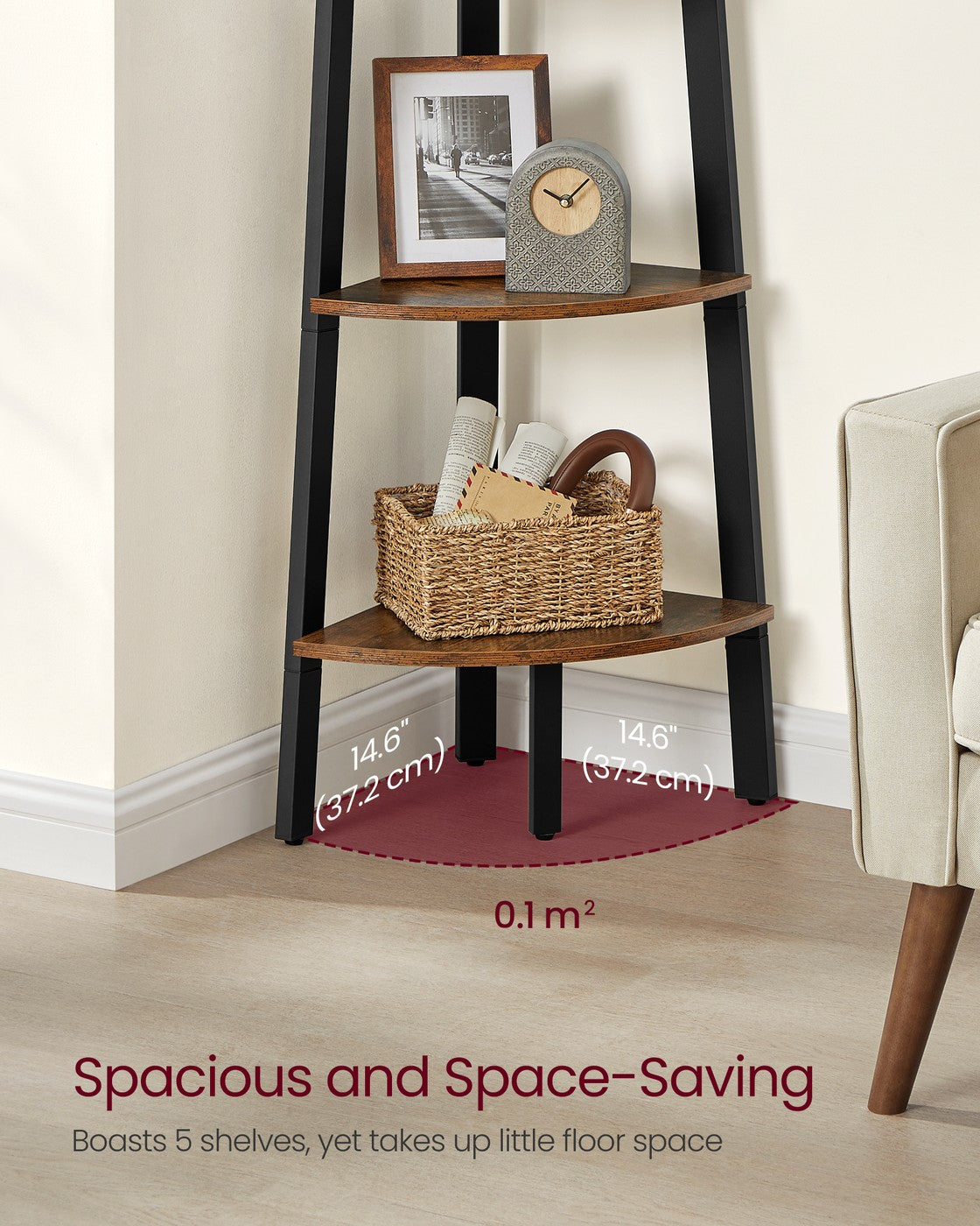 Corner Shelf Stand, 5-Tier, Brown and Black - image 3