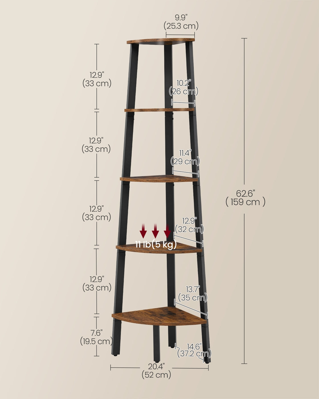 Corner Shelf Stand, 5-Tier, Brown and Black - image 6