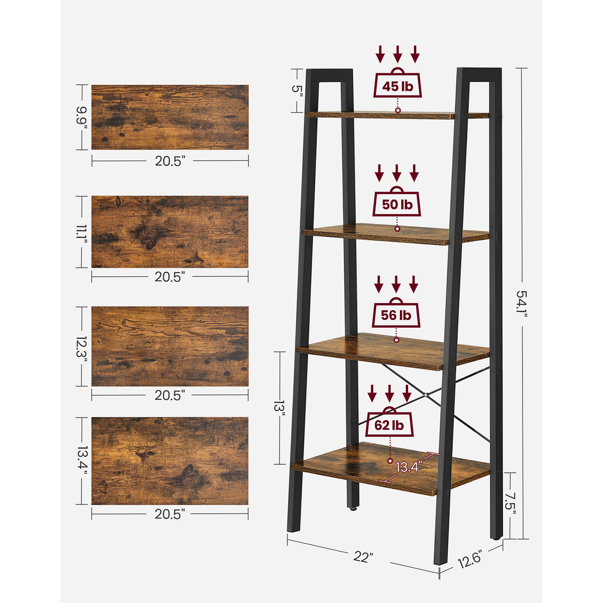 Ladder Shelf, 4-Tier Bookshelf, Free Standing Storage Shelves