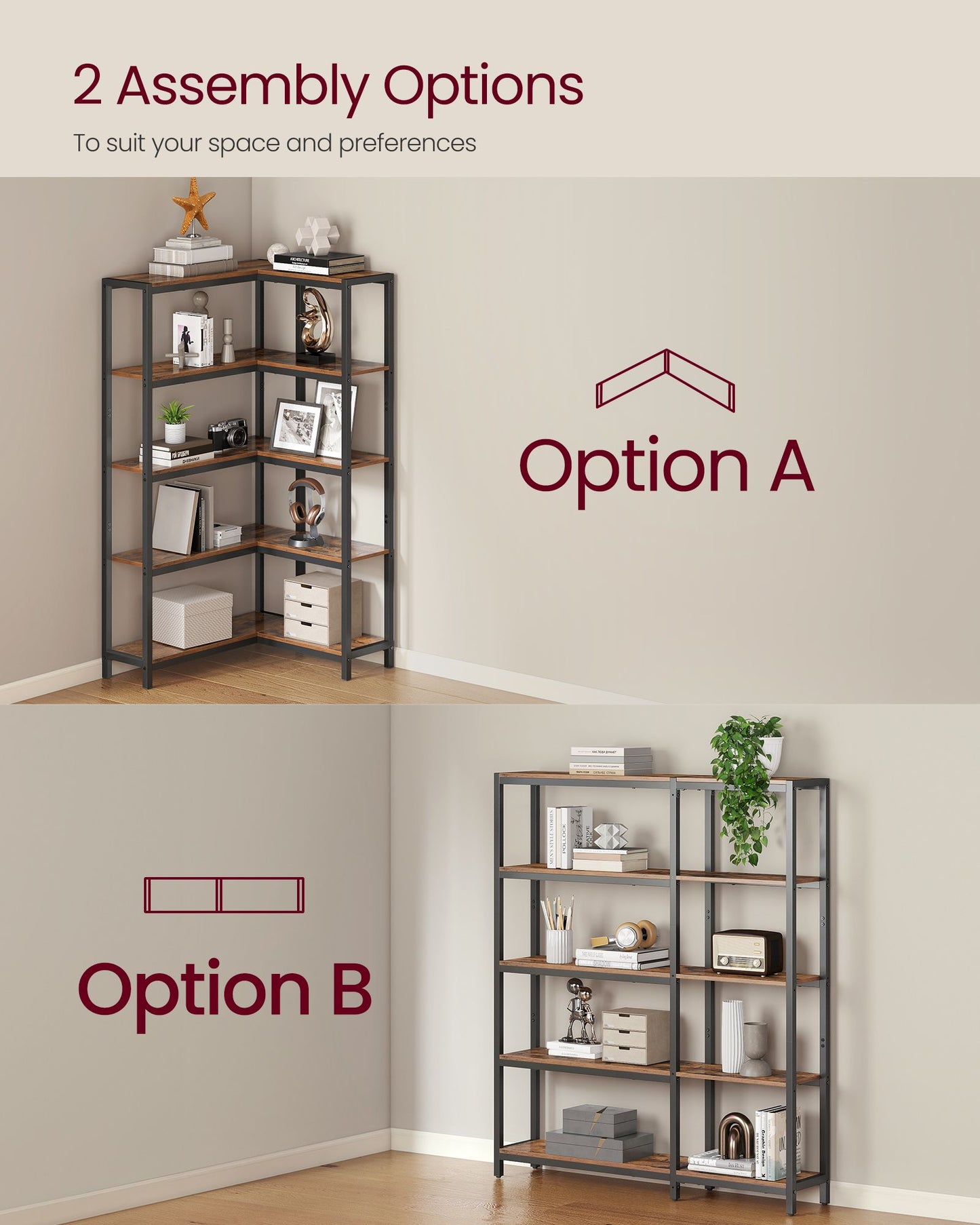 5 Tier Bookshelf, Convertible Corner Shelf, 40.2 x 9.4 x 55.9 in Modern basic with Steel, Particleboard - image 2